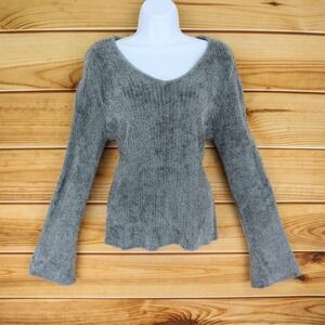 Apostrophe Ribbed Sweater Women M Shimmering Silver Soft Fuzzy Nylon Flare Sleev